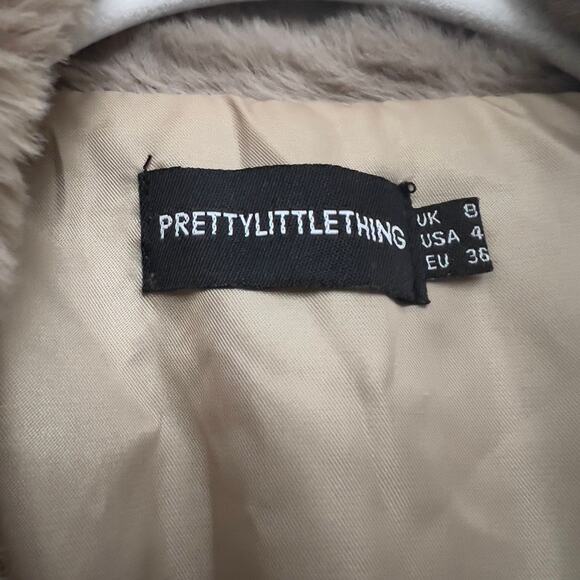PRETTY LITTLE THINGS Women's 4 Taupe Belted Wrap Faux Fur Super Soft Plush Coat - Picture 4 of 7